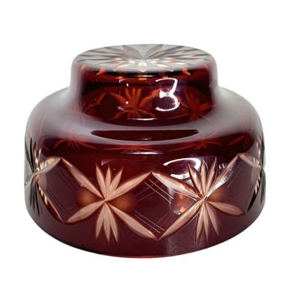 VTG Faberge Ruby Red To Clear Diamond Cut Crystal Starburst Atomic Pedestal Bowl - Picture 10 of 13